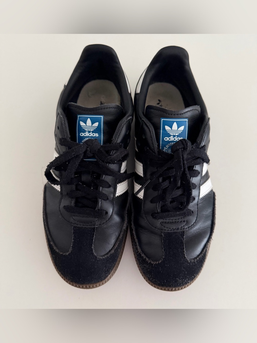 Adidas Black & White Samba Sneakers with Blue Tongue Logo